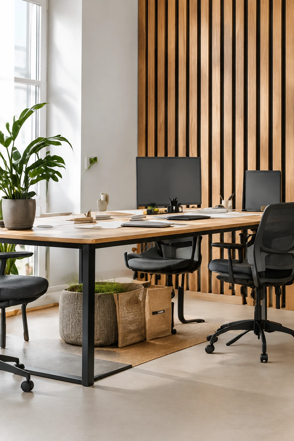 Kantoorruimte met bureau, bureaustoel en houten lattenwand