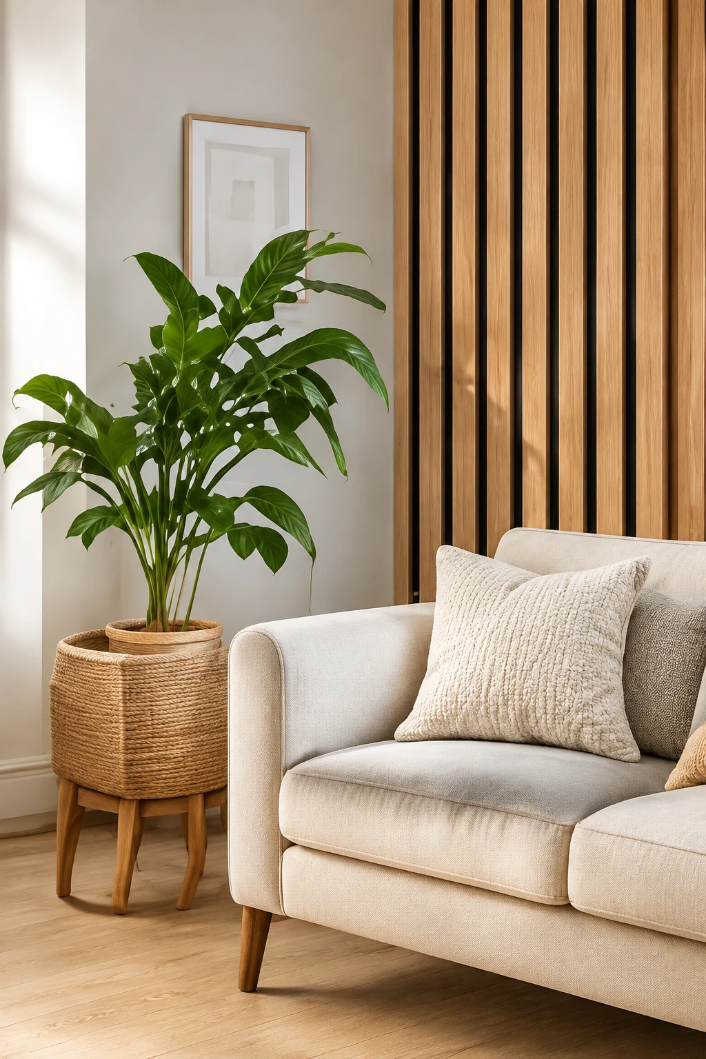 Lichte zithoek met crèmekleurige fauteuil, plant en houten lattenwand
