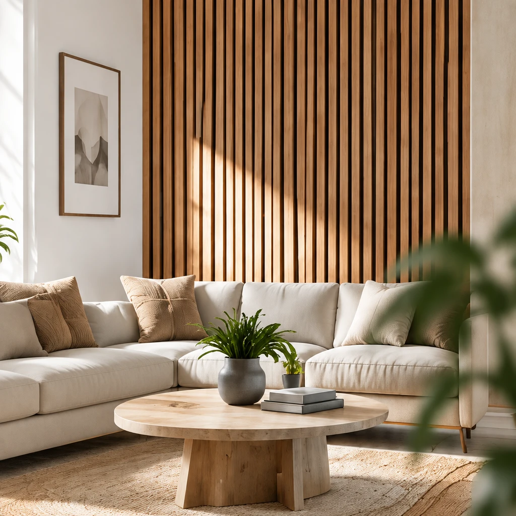 Lichte woonkamer met verticale houten wandpanelen, crèmekleurige bank en ronde houten salontafel